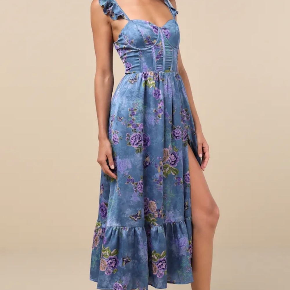 Sweet Like Sangria Blue Floral Ruffled Bustier Midi Dress